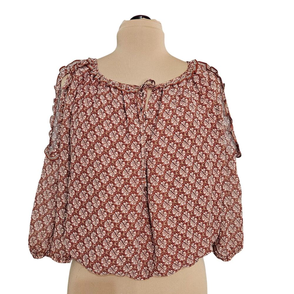 Max Studio Top Womens Small Rust White Floral‎ Cold Shoulder Boho Ruffle Blouse